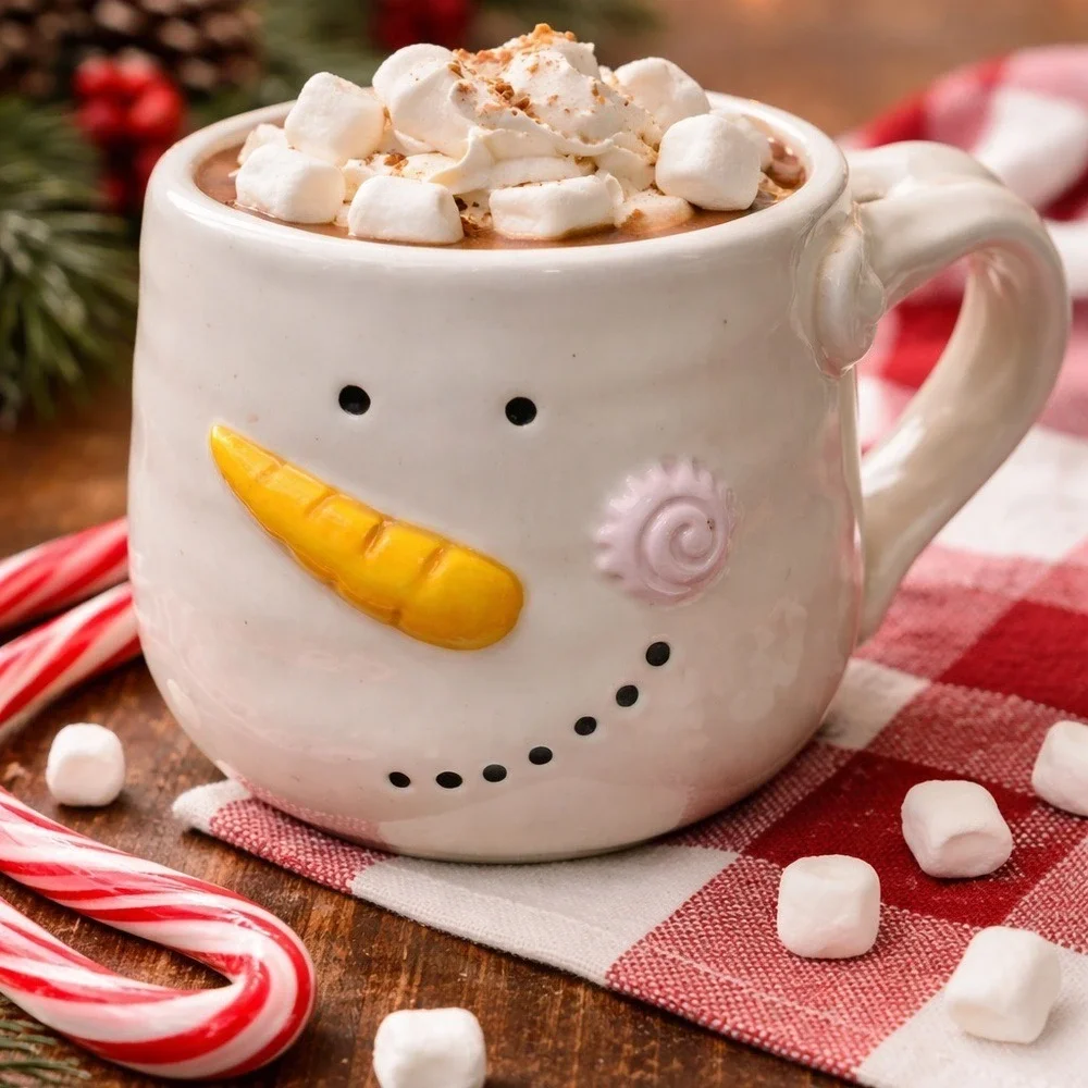 Pier 1‎ Imports Snowman Mug Hand Painted Dolomite Christmas Winter Coffee Cup